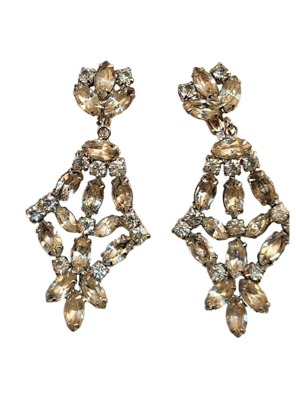 Vintage Clip On 3'' Drop Earrings With Floral Design Clear Rhinestone Chandelier